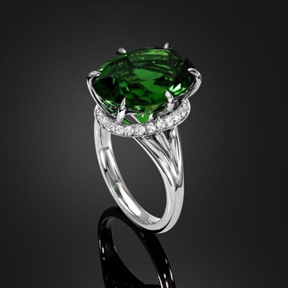 💎 Dainty Large Oval Zircon Emerald Elegant Silver Rings for Women, INDN8212 - Picture 9 of 12